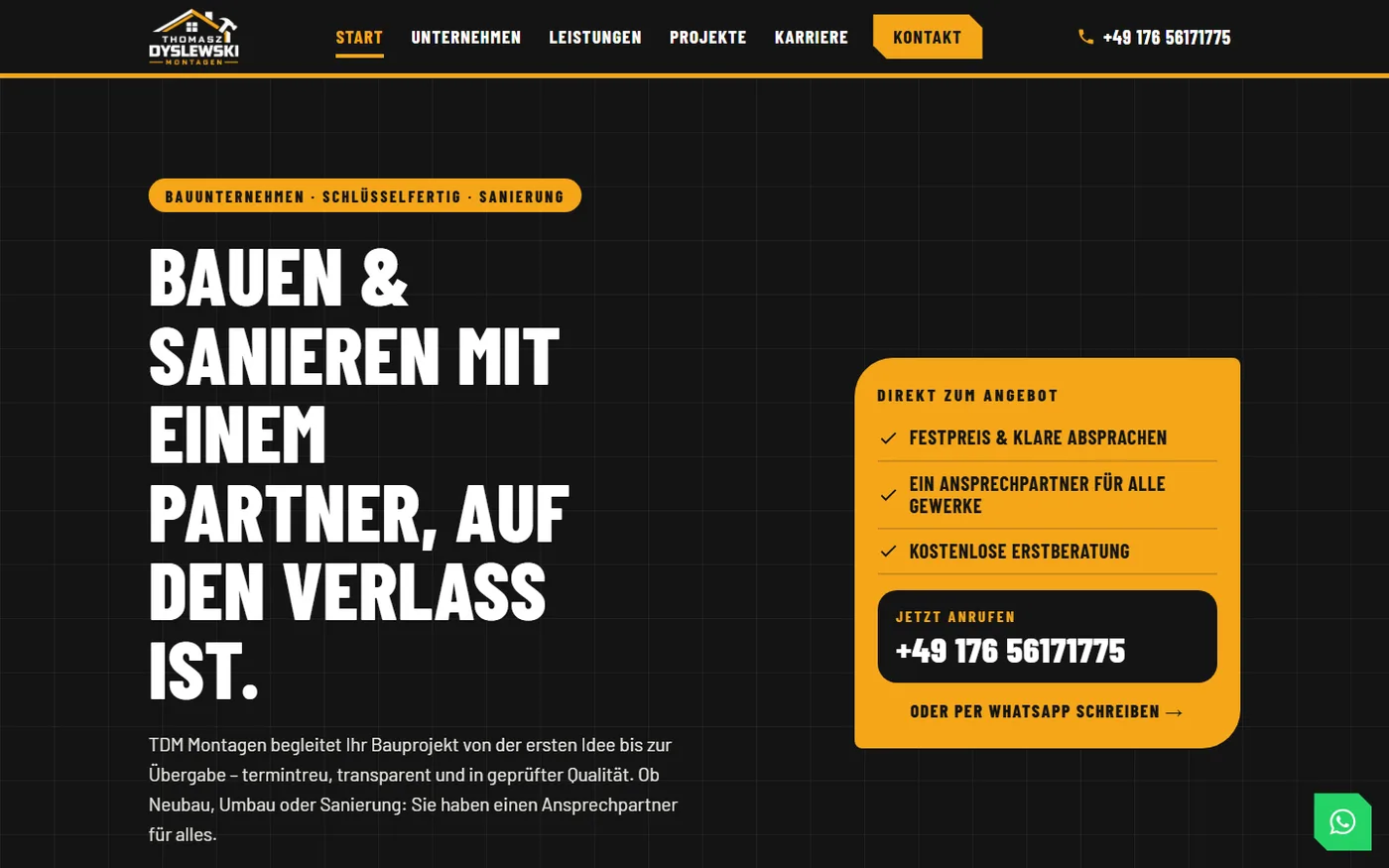 Startseite der Website TDM Montagen